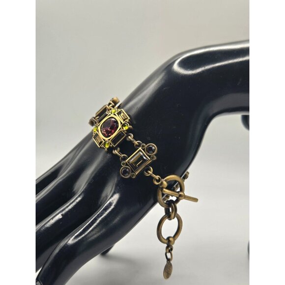 MYKA Swarovski crystal panel bracelet in bronzed brass green burgundy champagne - Picture 6 of 7